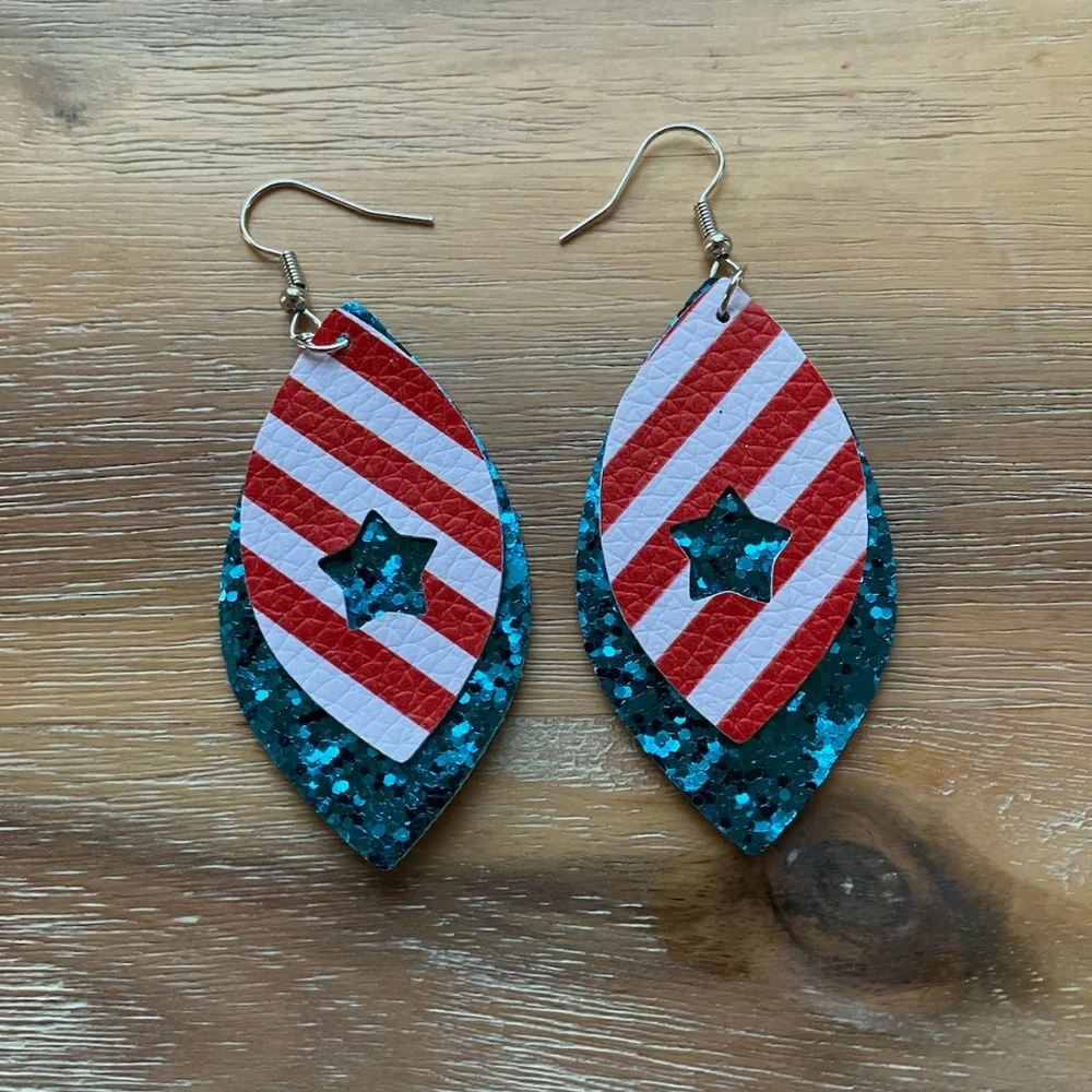 Pair Red White & Blue Star Flag Earrings Tear Drop ear rings American
